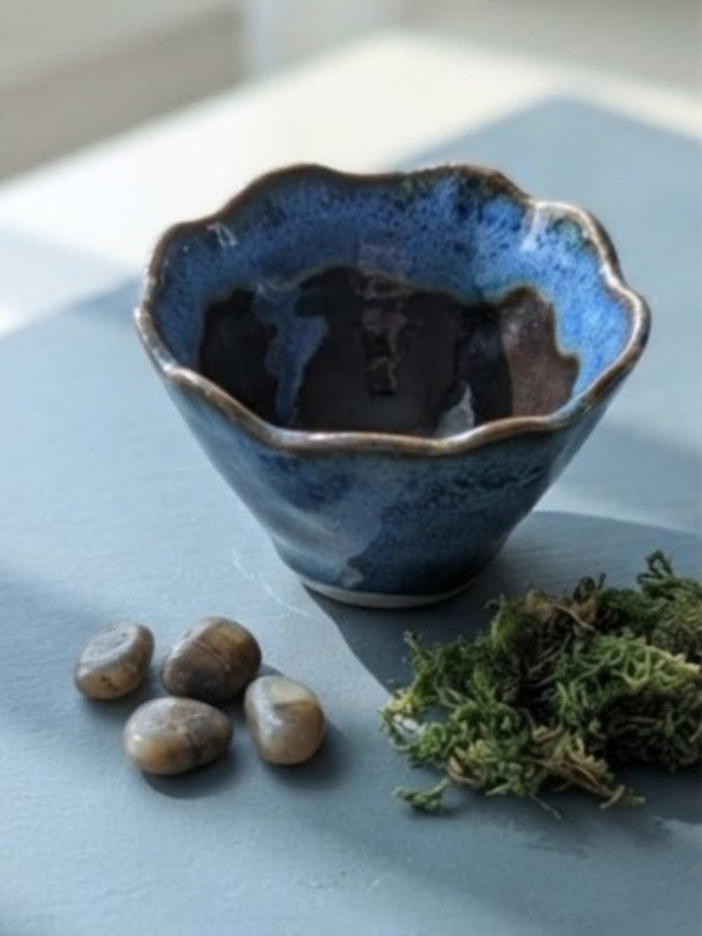 Handmade Studio Pottery Scalloped Bowl Blue Reactive Glaze Trinket Dish
